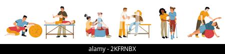 Therapeuten, die Patienten während der Rehabilitation helfen, flacher Vektor-Illustrationssatz. Arzt macht Fitness-Übungen mit Menschen erholt sich nach einer Verletzung oder Stock Vektor