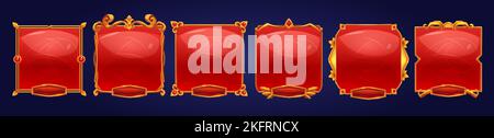 Goldene Vintage-Spiel-Rahmen, ui mittelalterlichen quadratischen roten Tasten mit Grenzen aus Metall, Edelsteine. Cartoon leer metallischen Grenze mit Edelstein isoliert Desi Stock Vektor
