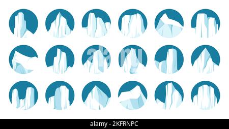 Schwimmende Eisberge Kollektion. Treibende arktische Gletscher, Block von gefrorenem Ozeanwasser. Eisige Berge mit Schnee. Schmelzpunkt des Eises. In der Antarktis schneit es Stock Vektor
