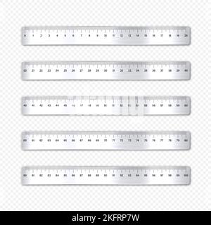 Realistische verschiedene gebürstete Metalllineale mit Messskala und -Teilung, Messmarken. Schullineal, Zentimeter-Skala für Längenmessung Stock Vektor