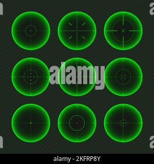 Verschiedene Waffen Nachtsicht, Scharfschützengewehr optische Scopes. Jagdgewehr-Sucher mit Fadenkreuz. Ziel, schießen Marke Symbol. Militärisches Zielschild Stock Vektor