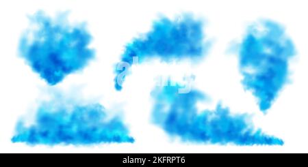 Blaue bunte Rauchwolken isoliert auf weißem Hintergrund, realistischer Nebeleffekt, Nebel. Dampf in der Luft, Dampffluss. Vektorgrafik Stock Vektor