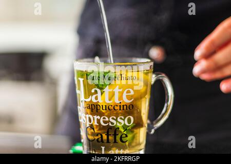 Nahaufnahme einer transparenten Tasse mit Brühtee-Beutel, Zitrone und Minze Stockfoto