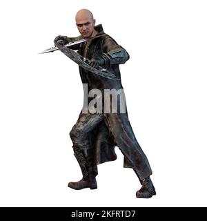 Epischer Fantasy-Mann in einer langen Jacke mit Waffen, 3D-Illustration, 3D-Rendering Stockfoto