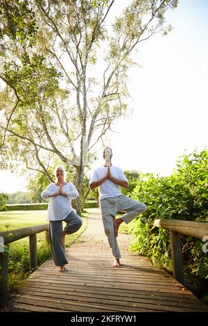 Es geht um Ausgewogenheit. In voller Länge ein reifes Paar, das gemeinsam im Freien Yoga macht. Stockfoto