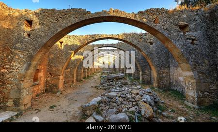 Oliven (olivae), Olivenölfabrik, Ölmühle, gewölbtes Gewölbe, alter Lagerraum, Kloster Agios Georgios, Halbinsel, Drapanon, Westkreta, Isla Stockfoto