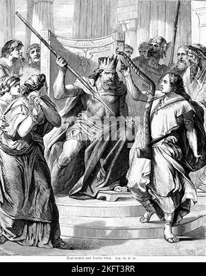 Saul sucht Davids Leben, spucken, Wand, innen, fliehen, Nacht, Harfe, König, Thron, Lanze, Töten, Wut, Bibel, Altes Testament, Erstes Buch von Samuelis, Kapt Stockfoto