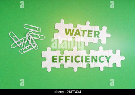Ökologisches Konzept. Auf grünem Hintergrund, Büroklammern und weißen Puzzles mit der Aufschrift - Wassereffizienz Stockfoto