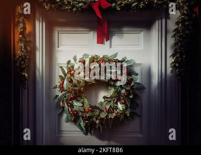 Weihnachtlicher dekorativer Ring aus Tannenzweigen, der an der Eingangstür eines Hauses hängt Stockfoto