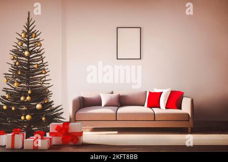 Vorderansicht eines Innenraums mit einem Weihnachtsbaum neben einigen Geschenken und einem Sofa Stockfoto