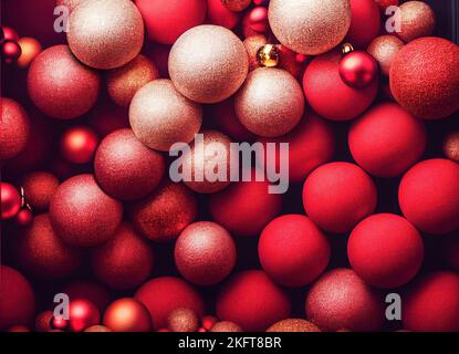 Draufsicht auf einen Hintergrund mit einigen roten Weihnachtskugeln Stockfoto
