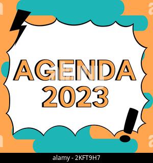 Konzeptüberschrift Agenda 2023. Wort für Liste der Tätigkeiten, in der Reihenfolge, in der sie aufgenommen werden sollen Stockfoto