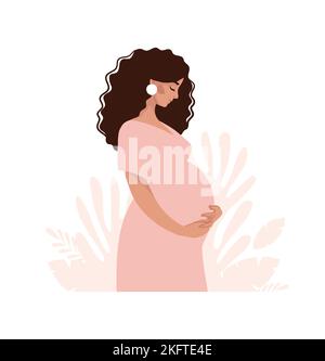 Schöne Schwangere, Mama wartet auf die Geburt eines Babys, eine flache Abbildung auf einem Hintergrund von Blättern. Schwangerschaft und Schwangerschaft Karikatur des Stock Vektor