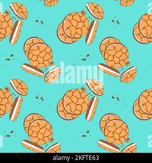 Musterkekse mit Füllung und Keksbröseln auf blauem Hintergrund, handgezeichnete Doodle-Zeichnung. Nationaler Cookie-Tag. Vektorgrafik Stock Vektor