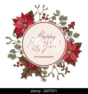 Frohe Weihnachten und ein glückliches neues Jahr Verkaufsetikett mit Weihnachtssternen Blumen und Stechbeeren. Vektorgrafik im Skizzenstil. Vintage Botanik Rahmen Stock Vektor