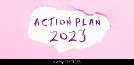 Konzeptioneller Titel Aktionsplan 2023. Die Liste der konzeptionellen Aufgaben enthält eine Reihe von Maßnahmen, die im nächsten Jahr durchgeführt werden Stockfoto