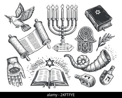 Jüdische Set-Skizze. Religion Konzept vintage Vektor Illustration. Tora-Rolle, Menorah, Shofar, Miriam Handsymbole Stock Vektor