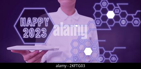 Konzeptionelle Bildunterschrift Happy 2023. Wort zur Feier des Beginns des Kalenderjahres 2023 Stockfoto