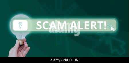 Schreibtext Scam Alert. Wort geschrieben auf Warnung jemand über Schema oder Betrug bemerken alle ungewöhnlichen Stockfoto