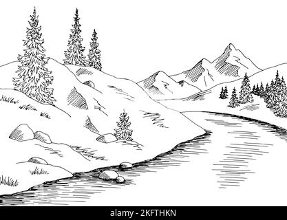 Mountain River Grafik schwarz weiß Landschaft Skizze Illustration Vektor Stock Vektor