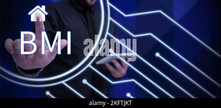 Text mit BMI-Inspiration. Internet-Konzept Methode zur Schätzung des Körperfettspiegels auf der Grundlage von Gewicht und Größe Stockfoto