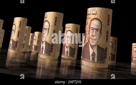 Tunisia Money Tunisian Dinar Money Pack 3D Illustration. TND-Banknotenbündelstapel. Konzept der Finanzen, Bargeld, Wirtschaftskrise, Geschäftserfolg, reces Stockfoto