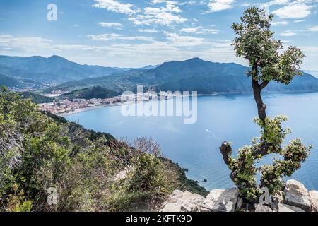 Panorama-Luftaufnahme von Riva Trigoso von Punta Manara Stockfoto