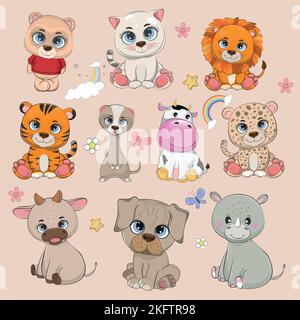 Big set niedlichen lustigen Cartoon Tiere auf einem weißen Hintergrund. Stock Vektor