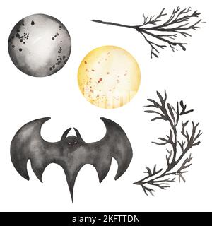 Halloween Cliparts, Aquarell Spooky Illustration Set, Black Branches Clip Art, Fledermaus und Mond, Kids Fall Scary Party Stockfoto