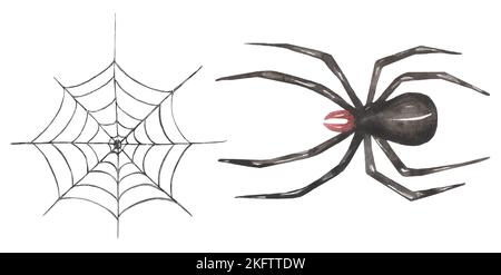 Halloween Cliparts, Aquarell Spooky Illustration Set, Black Spider und Spinnennetz Clip Art, Kids Fall Scary Party Stockfoto