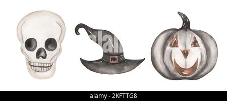 Halloween Cliparts, Aquarell Spooky Illustration Set, Schwarzer witziger Kürbis, Scull und Hut Clip Art, Kids Fall Scary Party Stockfoto