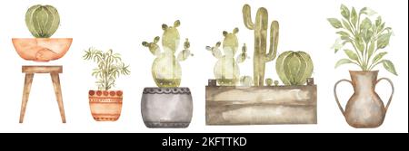 Aquarell handgezeichnete Illustration mit Kaktus und Hausblumen. Grüne Haus Pflanzen Illustrationen. Niedliche Töpfe für Pflanzen. Stockfoto