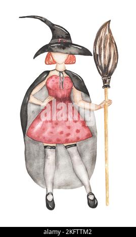 Halloween Clipart, Aquarell Spooky Illustration Set, nette Hexe in rotem Kleid und schwarzem Umhang mit Kapuze, Besen und Hut Clip Art, Kids Fall Scary Party Stockfoto