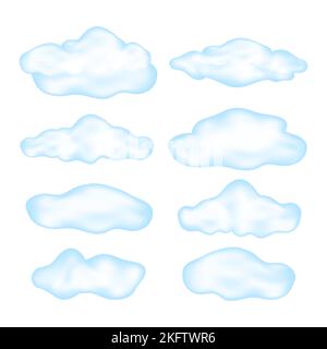 Satz von Cartoon blauen Wolken isoliert auf weißem Hintergrund. Verschiedene realistische Wolken. Vektorgrafik. Stock Vektor