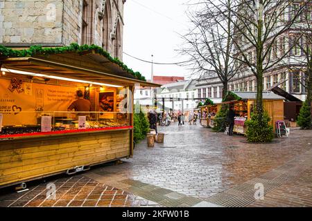 16. Dezember 2019, Gent, Belgien. Weihnachtsmarkt Pavillon auf dem Weihnachtsmarkt. Stockfoto