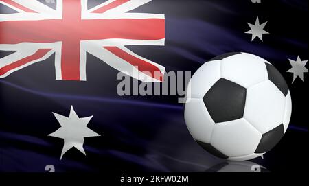 Fußball auf dem Hintergrund der Flagge Australiens, 3D Rendering Stockfoto