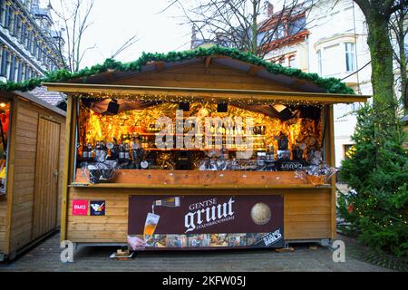 16. Dezember 2019, Gent, Belgien. Weihnachtsmarkt Pavillon auf dem Weihnachtsmarkt. Stockfoto