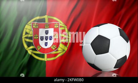 Fußball auf dem Hintergrund der Flagge Portugals, 3D Rendering Stockfoto