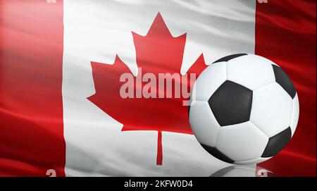 Fußball auf dem Hintergrund der Flagge von Kanada, 3D Rendering Stockfoto