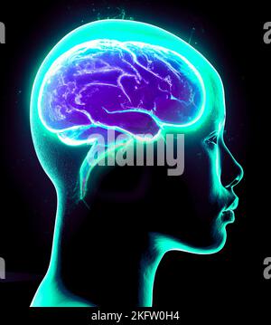 Neurologie, Philosophie: Verbindungen, die Entwicklung des Denkens und der Reflexion, die unendlichen Möglichkeiten von Gehirn und Geist. Menschliche Anatomie Gesicht Stockfoto