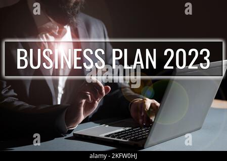 Textüberschrift mit Geschäftsplan 2023. Wort für herausfordernde Geschäftsideen und -Ziele für das neue Jahr Stockfoto
