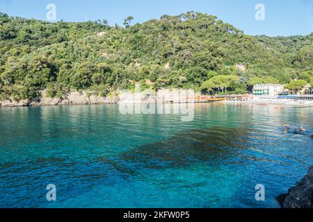 Die Bucht von Paraggi in Portofino mit grünem und transparentem Wasser Stockfoto