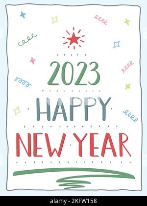 2023 Glückliche Neujahrskarte. Handgeschriebener Schriftzug in einem handgezeichneten Rahmen. Weihnachtsbaum mit Zahlen, Text, Stiftstrich und Stern. Rot, grün, isoliert. Stock Vektor