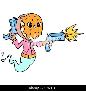Eine digitale Illustration eines süßen Dschinns mit einem Donut-Kopf-Schießgewehr Stock Vektor