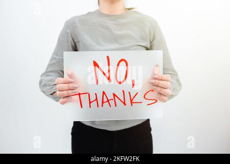 Textunterschrift mit Nein, Danke. Business Showcase Beantwortung von Fragen mit diesen Worten, um Annahme oder Ablehnung zu zeigen Stockfoto