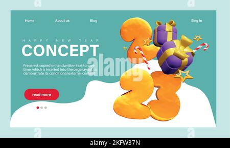 Winter Season Holidays, Corporate Party Event Feier Landing Page Template. Kleine Charaktere feiern das neue Jahr mit riesigen 2023 Stock Vektor