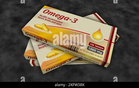 Omega 3 Öltabletten Box Produktionslinie. Gesunde Ernährung und Diätergänzung Pillen Pack Fabrik. Abstract Concept 3D Rendering Illustration. Stockfoto