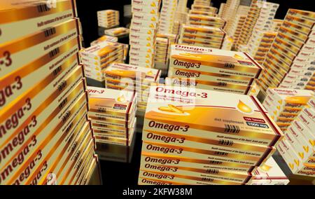 Omega 3 Öltabletten Box Produktionslinie. Gesunde Ernährung und Diätergänzung Pillen Pack Fabrik. Abstract Concept 3D Rendering Illustration. Stockfoto