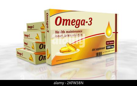 Omega 3 Öltabletten Box Produktionslinie. Gesunde Ernährung und Diätergänzung Pillen Pack Fabrik. Abstract Concept 3D Rendering Illustration. Stockfoto