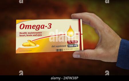 Omega 3 Öltabletten Box in der Hand. Gesunde Ernährung und Diätergänzung Pillen Pack Fabrik. Abstract Concept 3D Rendering Illustration. Stockfoto